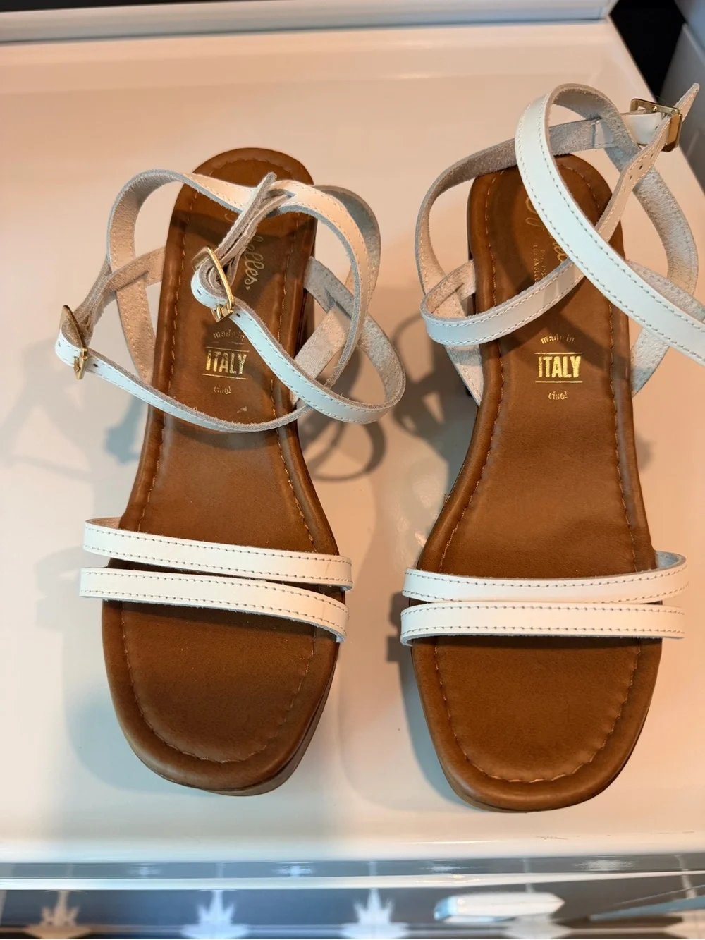 Seychelles White Leather Strappy Platform Sandal with Wood Block Heel